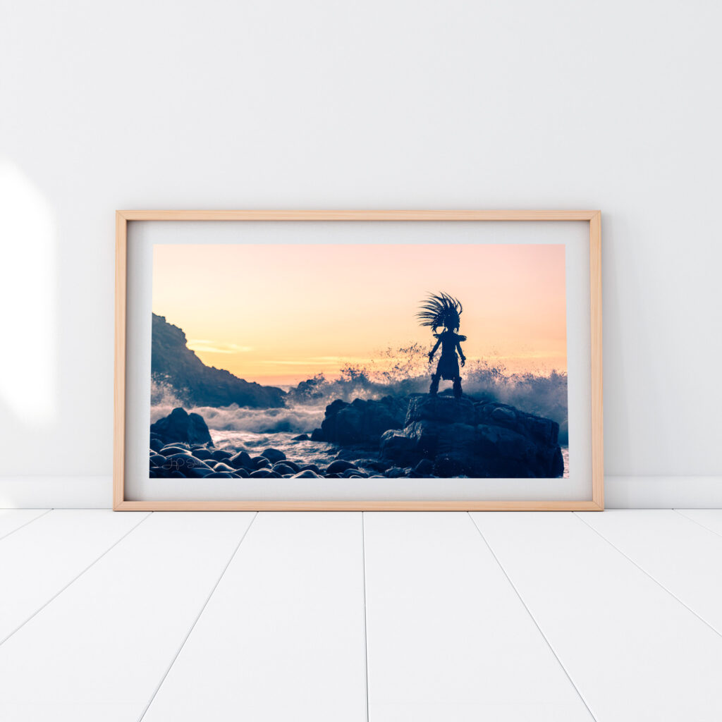 Tlaloc Aztec storm god panoramic photograph by JP Stones in a light wood frame