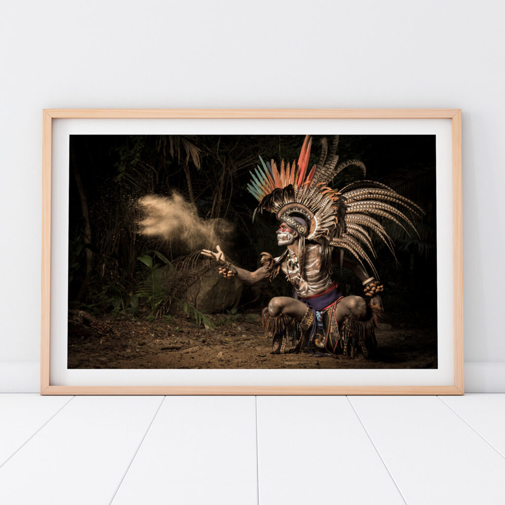 Tecuani Aztec jaguar warrior photograph by JP Stones in a light wood frame
