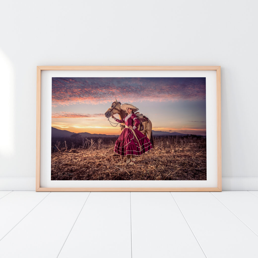 Escaramuza #3 charra and horse photograph by JP Stones in a light wood frame