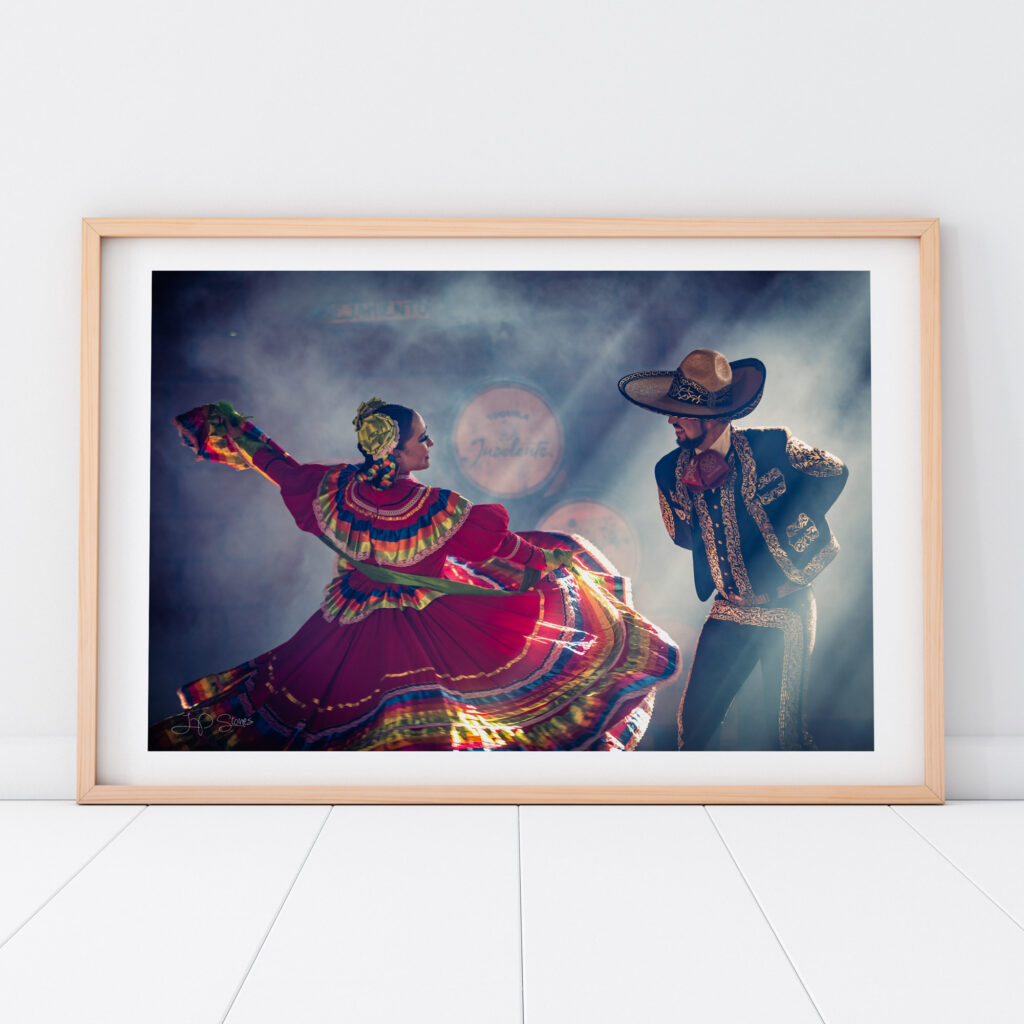 Framed Folklorico #5 print of a China Poblana dancer and a charro dancing, photographed in Sayulita, Mexico