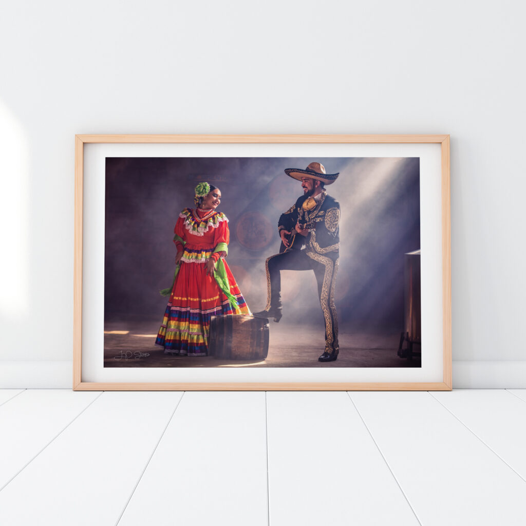 China Poblana and mariachi folklorico photograph by JP Stones in a light wood frame